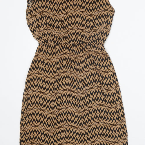 Mela London Womens Brown Geometric Polyester A-Line Size 10 V-Neck Pullover