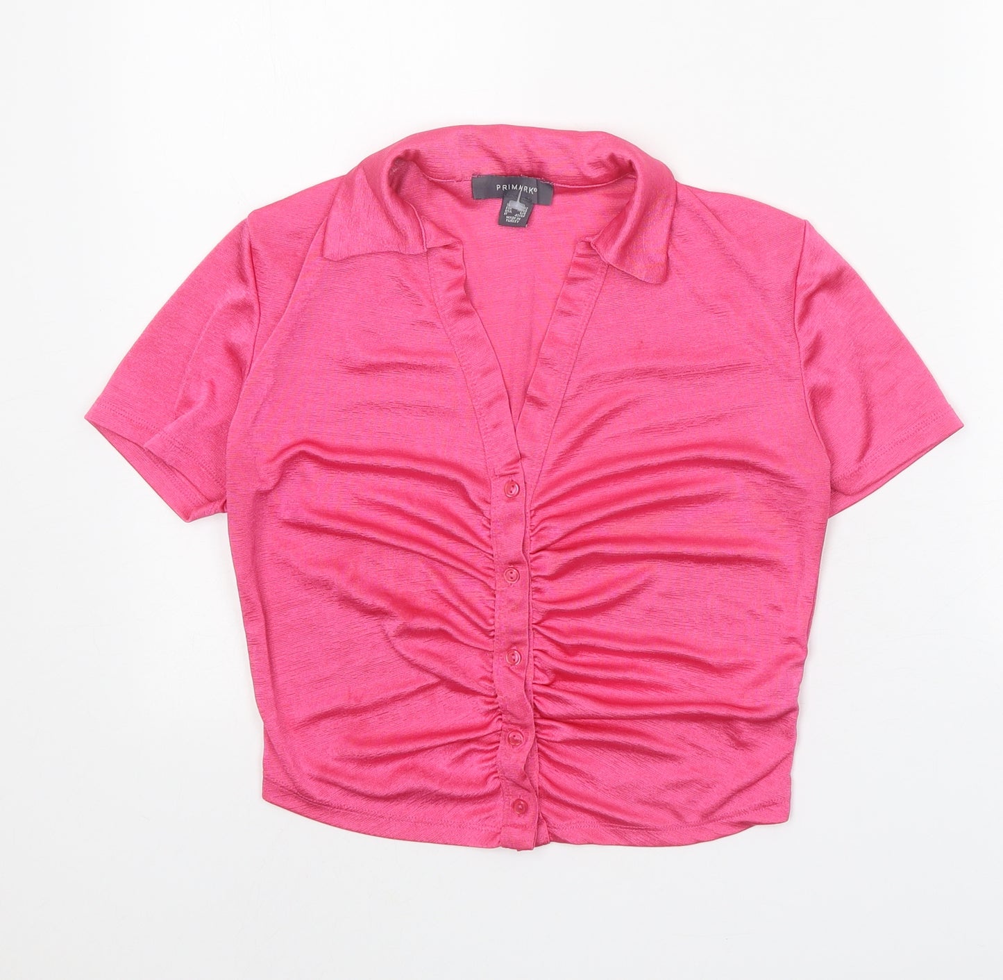 Primark Womens Pink Polyester Cropped Blouse Size 10 Collared - Front Ruched