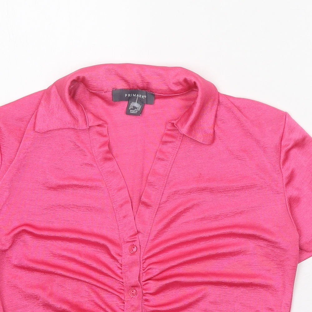 Primark Womens Pink Polyester Cropped Blouse Size 10 Collared - Front Ruched