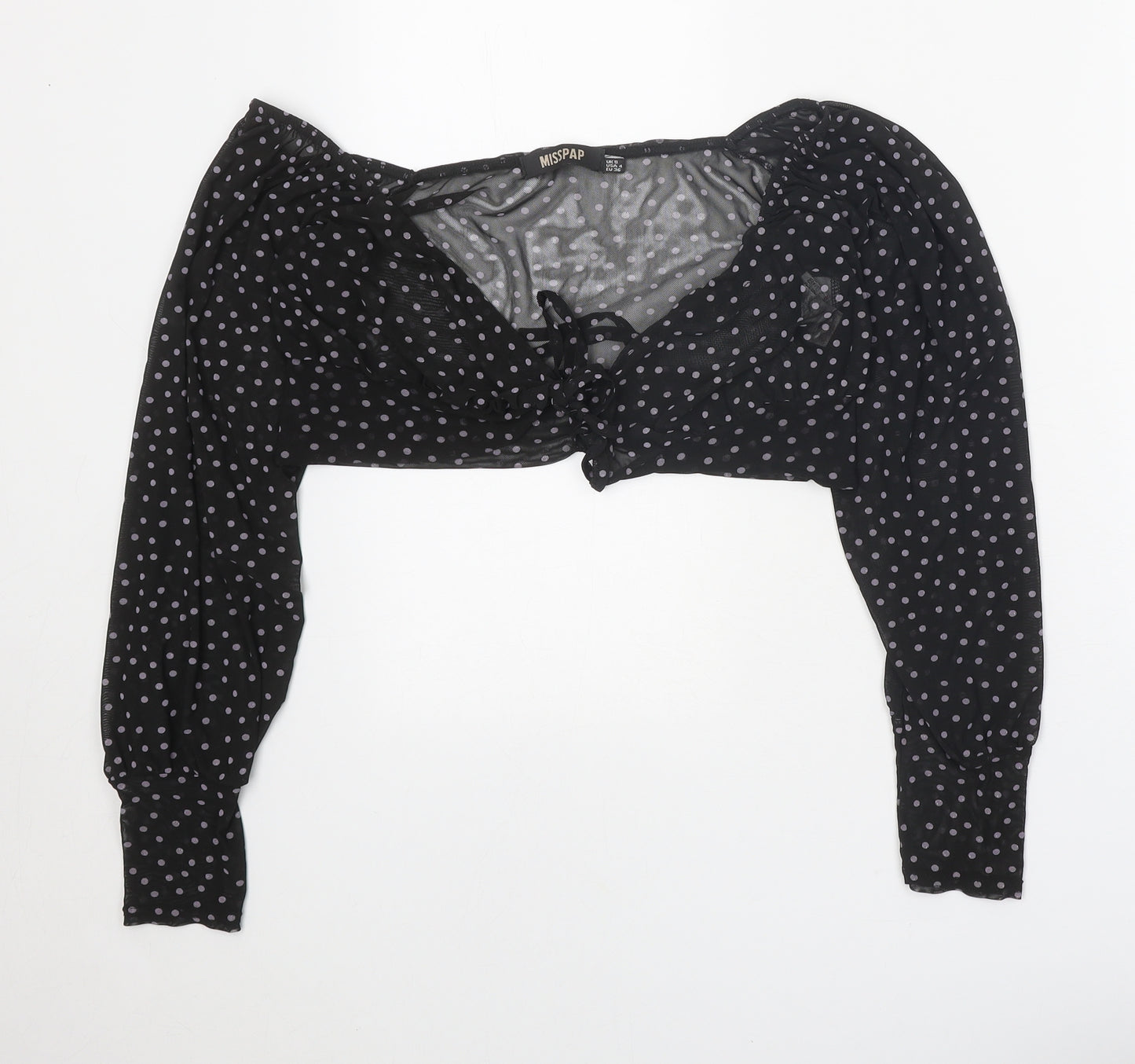 Misspap Womens Black Polka Dot Polyester Cropped Blouse Size 8 V-Neck