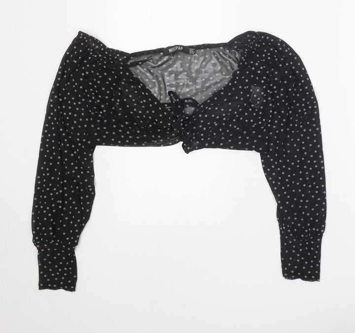 Misspap Womens Black Polka Dot Polyester Cropped Blouse Size 8 V-Neck