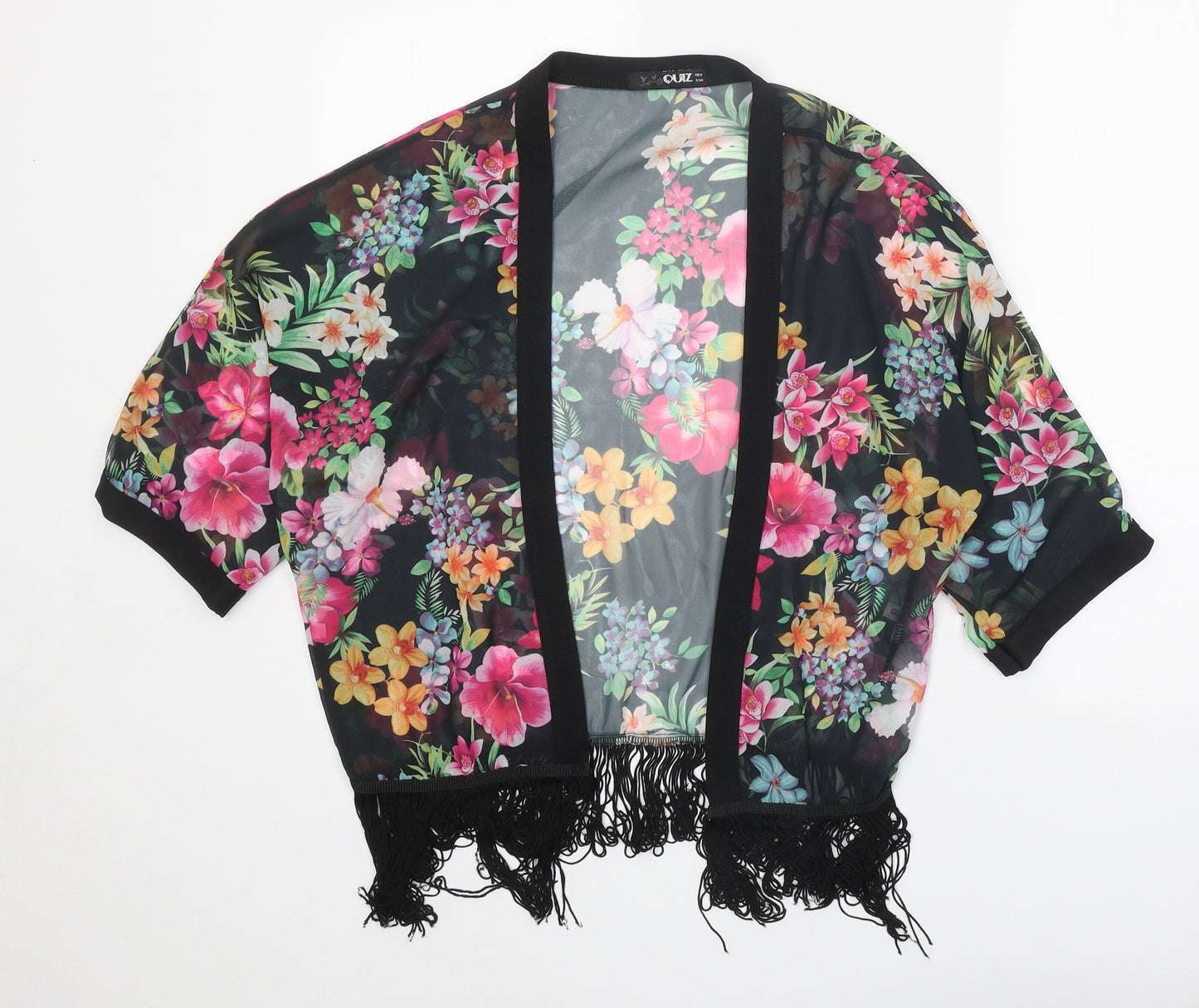 Quiz Womens Black Floral Polyester Kimono Blouse Size 8 V-Neck