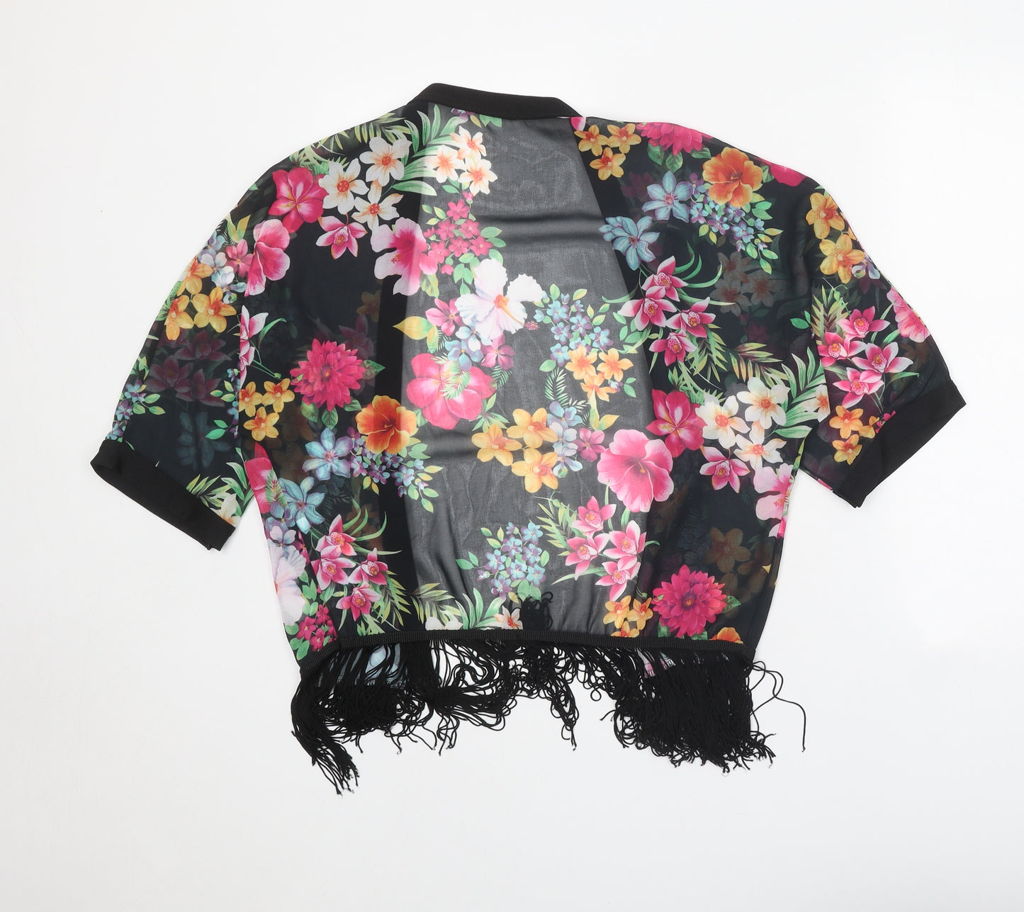 Quiz Womens Black Floral Polyester Kimono Blouse Size 8 V-Neck