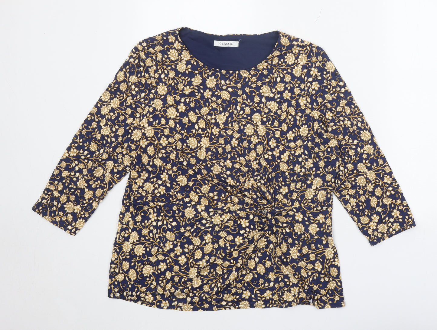 Classic Womens Blue Floral Viscose Basic Blouse Size 16 Scoop Neck - Knot Front Ruched