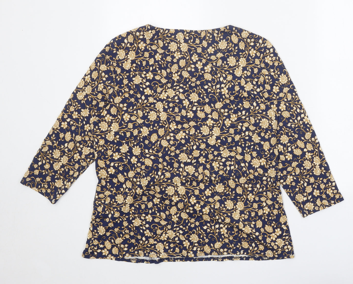 Classic Womens Blue Floral Viscose Basic Blouse Size 16 Scoop Neck - Knot Front Ruched