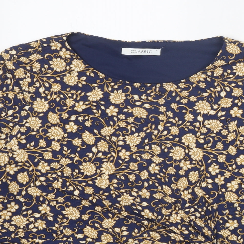 Classic Womens Blue Floral Viscose Basic Blouse Size 16 Scoop Neck - Knot Front Ruched