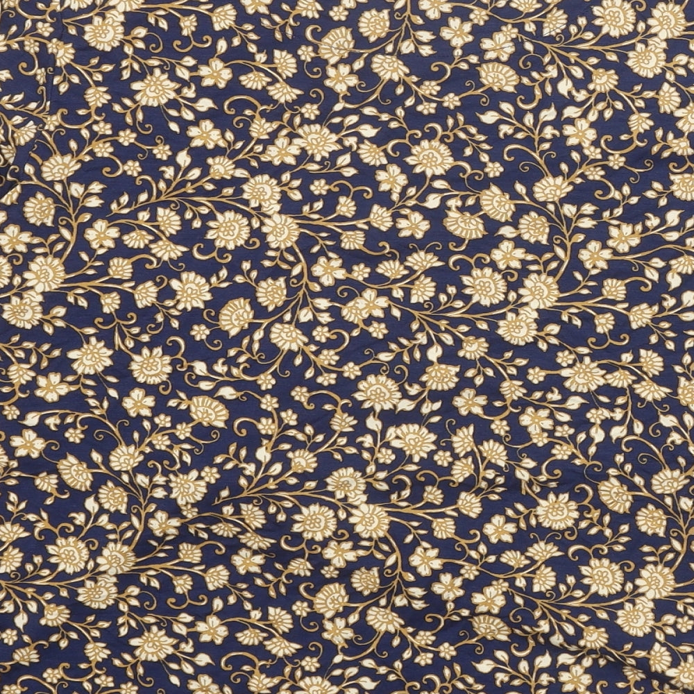 Classic Womens Blue Floral Viscose Basic Blouse Size 16 Scoop Neck - Knot Front Ruched