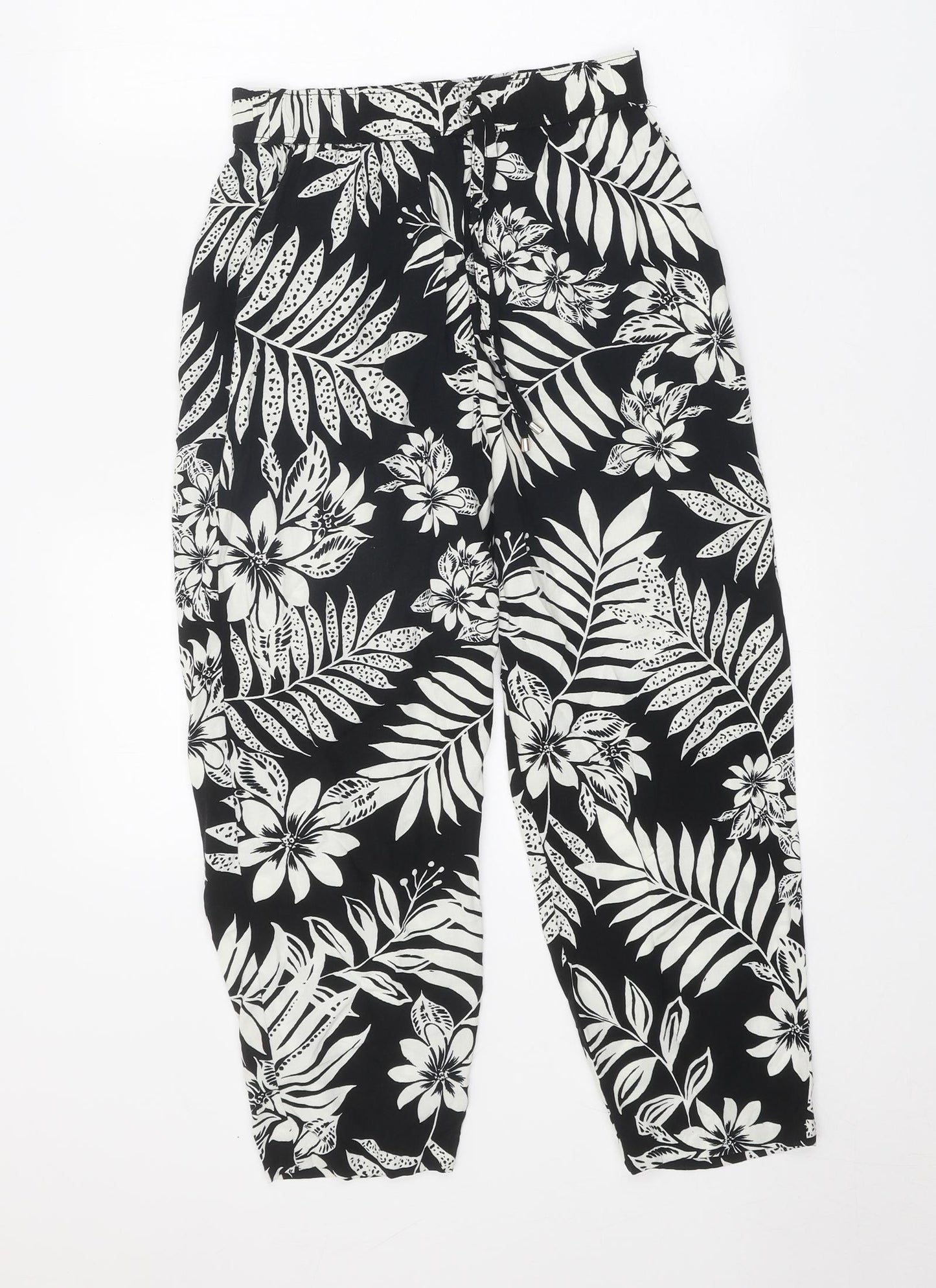 F&F Womens Black Floral Viscose Trousers Size 6 Regular Tie