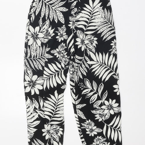 F&F Womens Black Floral Viscose Trousers Size 6 Regular Tie