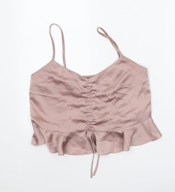 Topshop Womens Pink Polyester Camisole Tank Size 8 V-Neck - Cropped Front Ruched