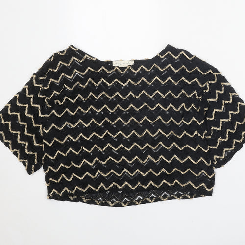 Staring at Stars Womens Black Geometric Nylon Cropped T-Shirt Size S Boat Neck