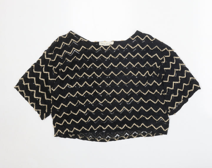 Staring at Stars Womens Black Geometric Nylon Cropped T-Shirt Size S Boat Neck