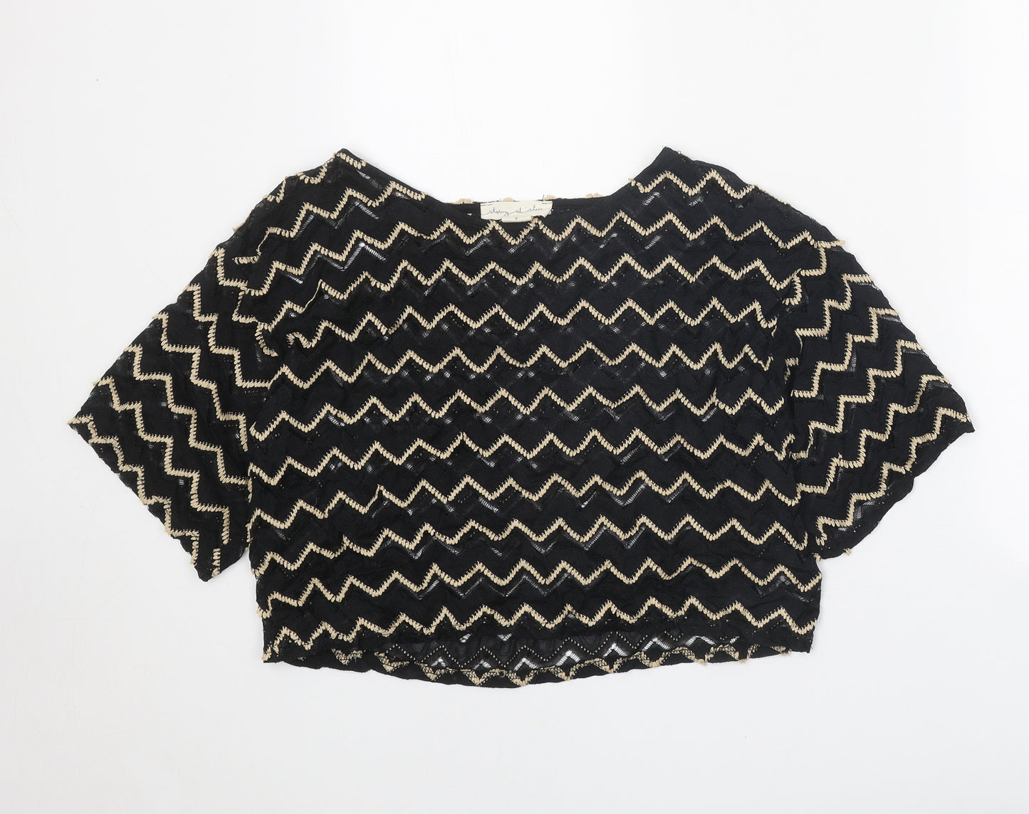 Staring at Stars Womens Black Geometric Nylon Cropped T-Shirt Size S Boat Neck