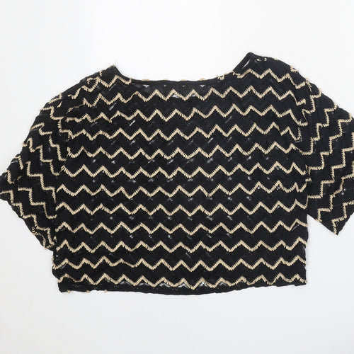 Staring at Stars Womens Black Geometric Nylon Cropped T-Shirt Size S Boat Neck