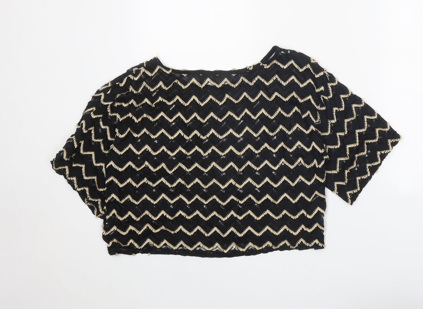 Staring at Stars Womens Black Geometric Nylon Cropped T-Shirt Size S Boat Neck