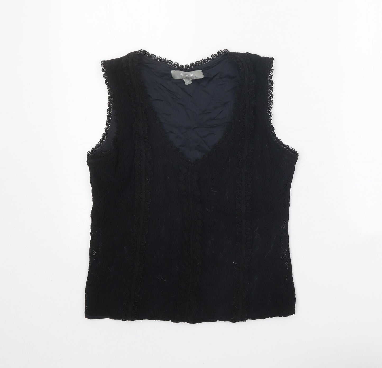 Claire DK Womens Black Polyester Cropped Tank Size M V-Neck - Lace Trim