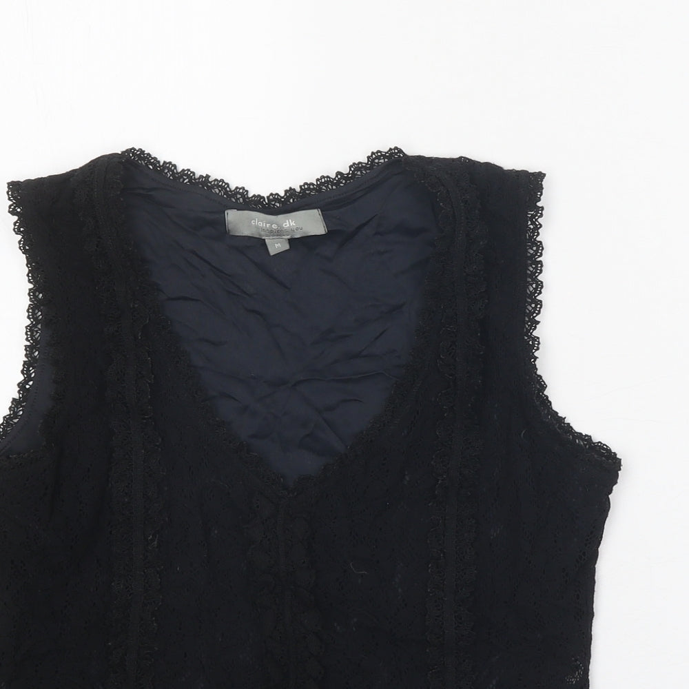 Claire DK Womens Black Polyester Cropped Tank Size M V-Neck - Lace Trim