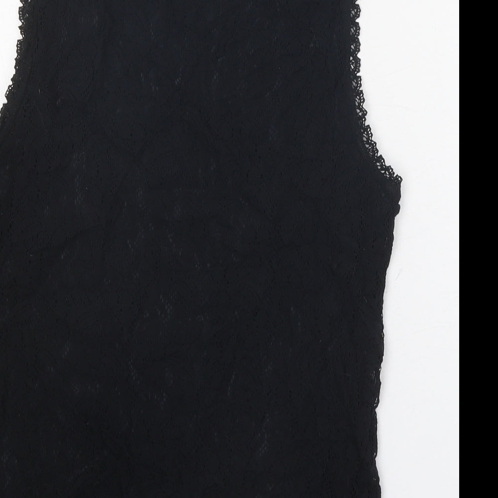 Claire DK Womens Black Polyester Cropped Tank Size M V-Neck - Lace Trim