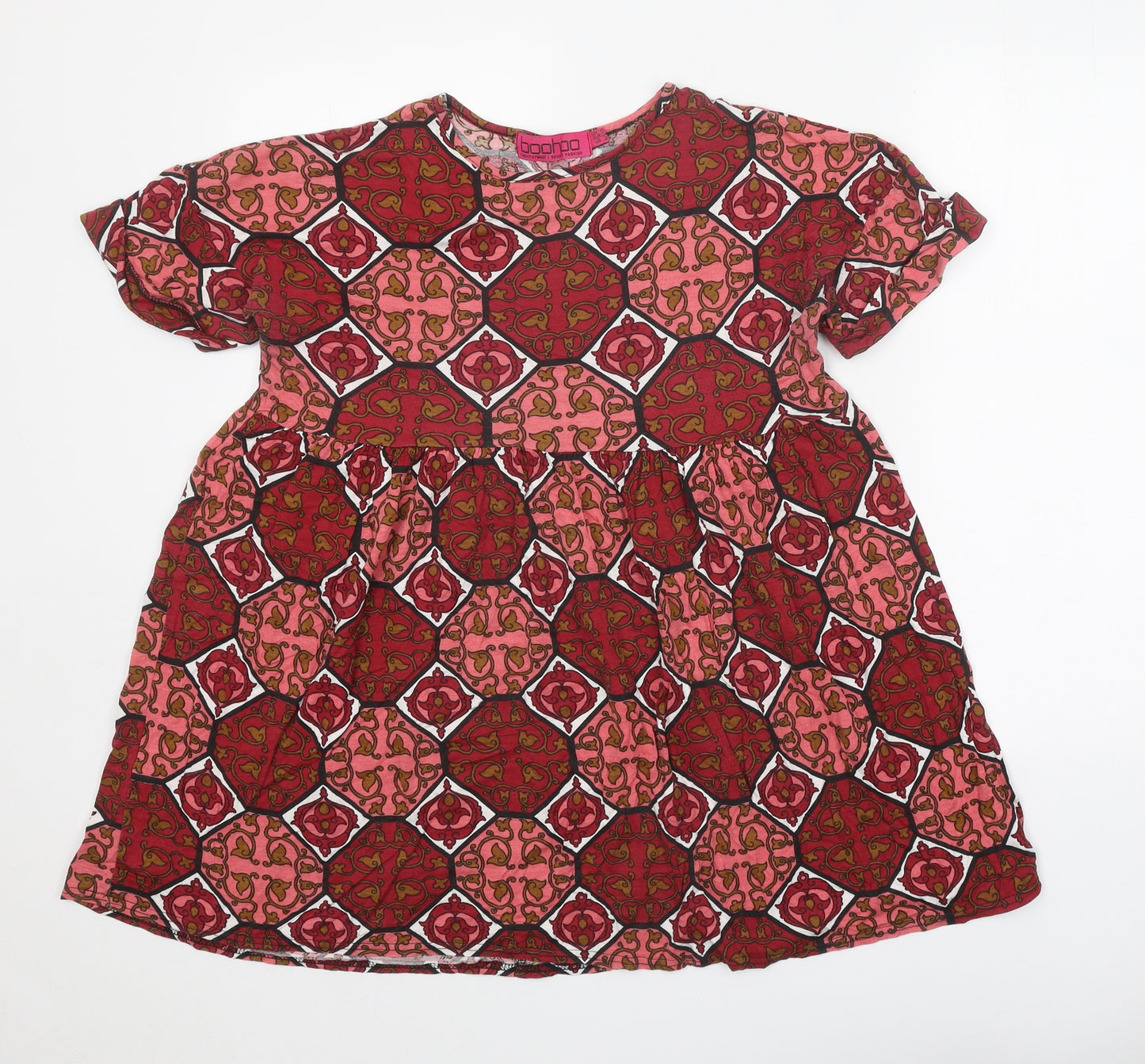 Boohoo Womens Red Geometric Viscose Fit & Flare Size 6 Round Neck Pullover