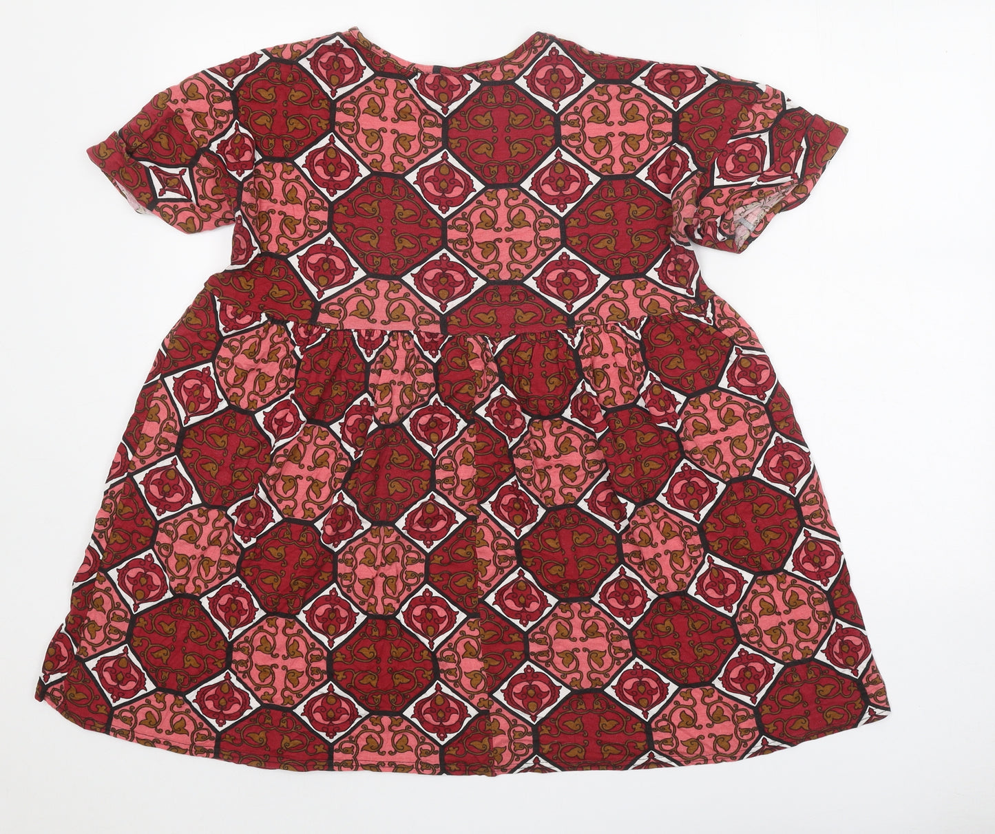 Boohoo Womens Red Geometric Viscose Fit & Flare Size 6 Round Neck Pullover
