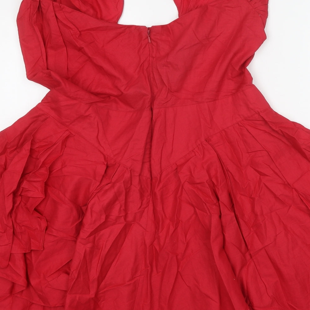 Warehouse Womens Red 100% Cotton Fit & Flare Size 14 Halter Zip