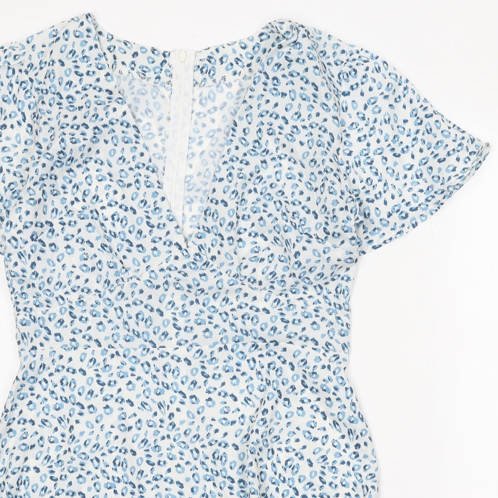 Preworn Womens White Geometric Polyester Fit & Flare Size L V-Neck Zip