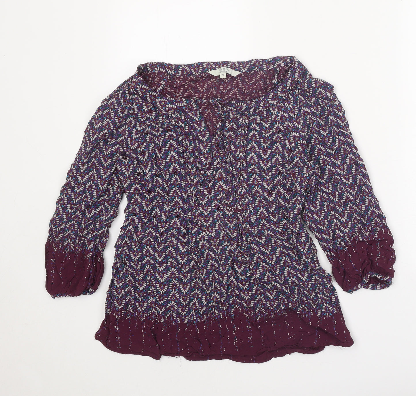 Casual Collection Womens Purple Geometric Viscose Basic Blouse Size 12 Round Neck