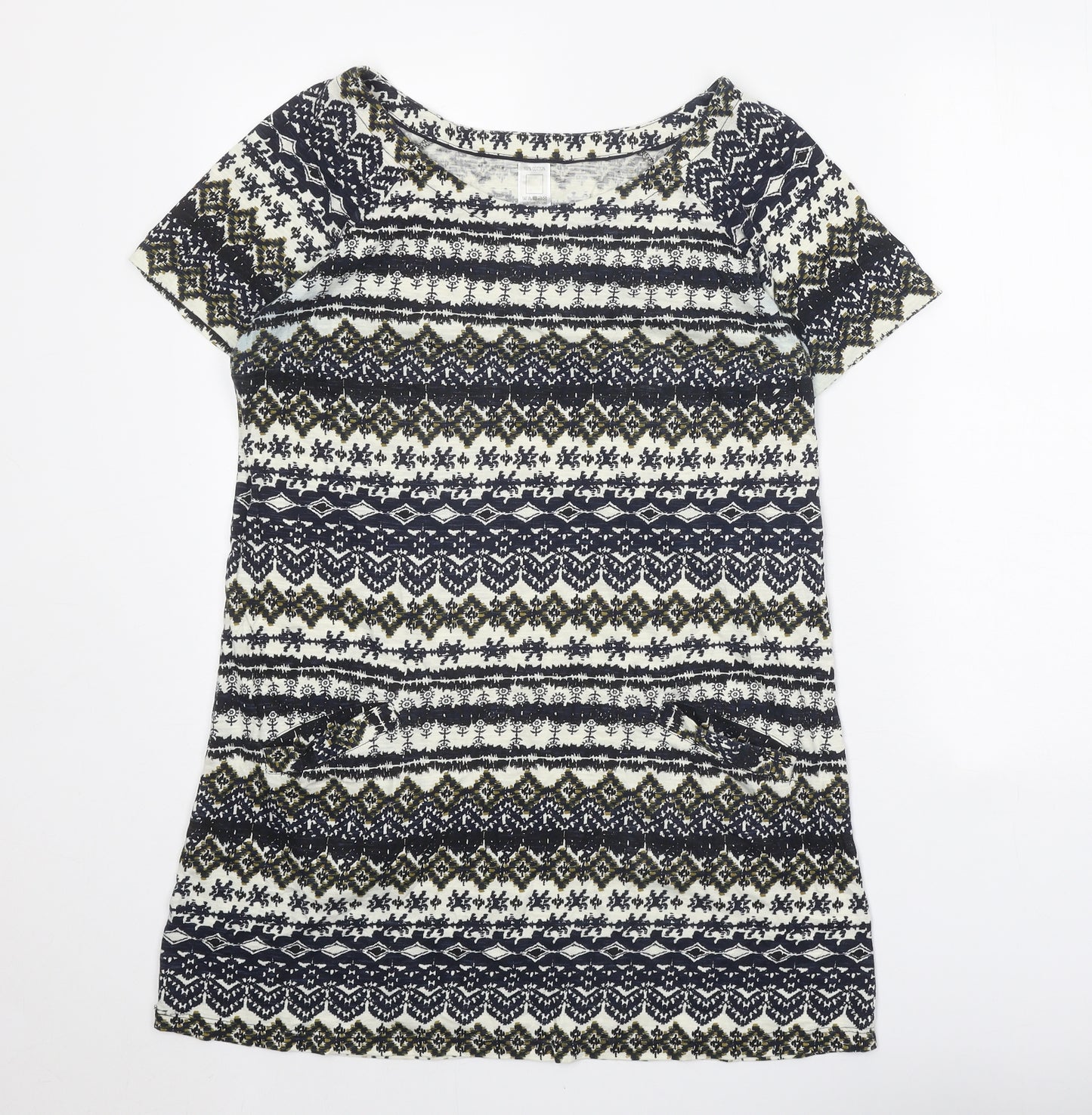 Preworn Womens Black Geometric 100% Cotton A-Line One Size Round Neck Pullover