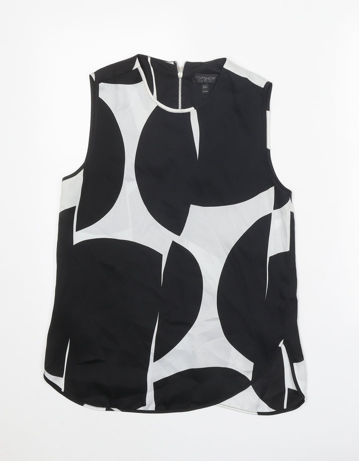 Topshop Womens Black Geometric Polyester Basic Tank Size 8 Round Neck