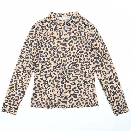 Preworn Womens Beige Animal Print Polyester Basic Blouse Size M Mock Neck - Leopard Print