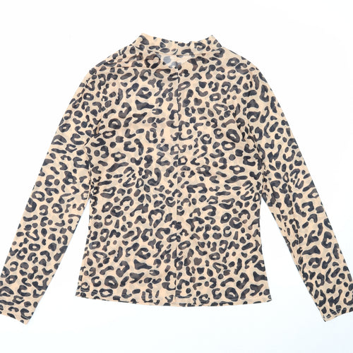 Preworn Womens Beige Animal Print Polyester Basic Blouse Size M Mock Neck - Leopard Print