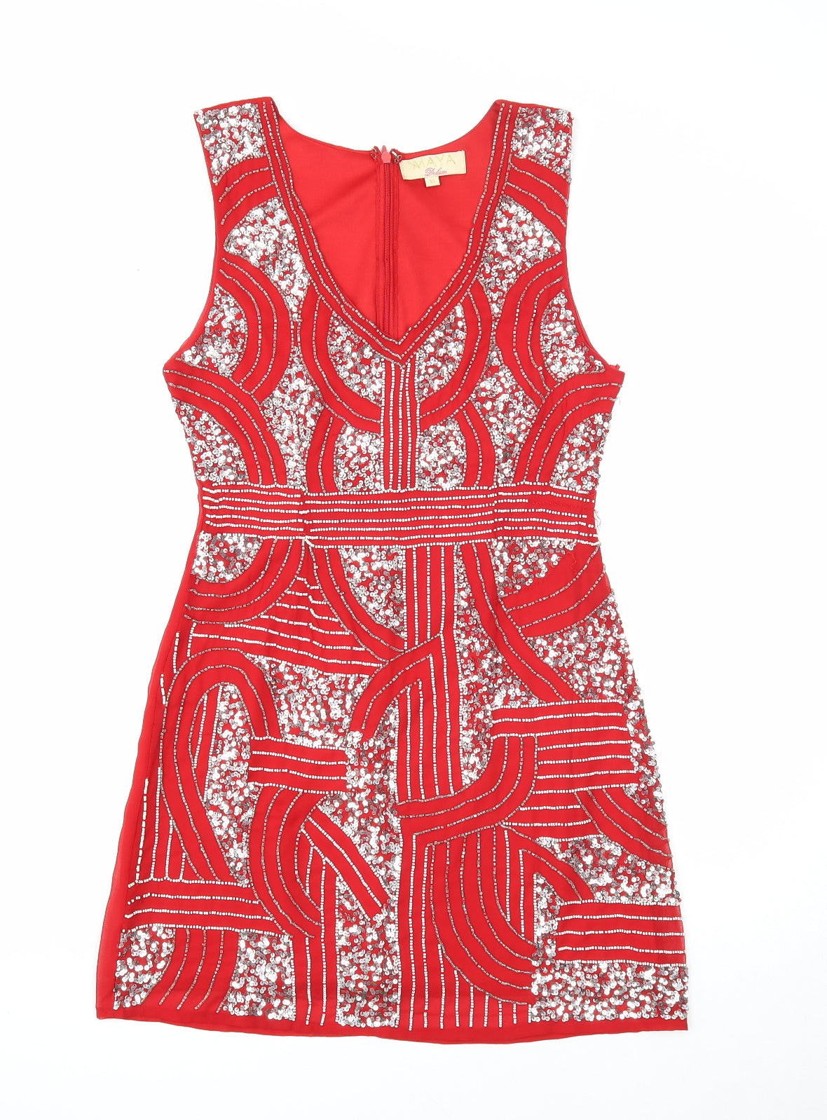 Maya Deluxe Womens Red Geometric Polyester A-Line Size 10 V-Neck Zip