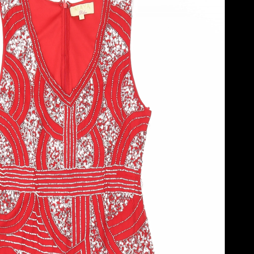 Maya Deluxe Womens Red Geometric Polyester A-Line Size 10 V-Neck Zip