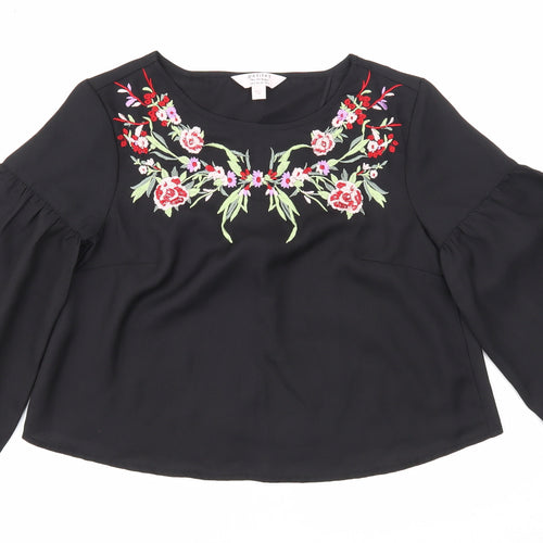 Miss Selfridge Womens Black Floral Polyester Cropped Blouse Size 4 Scoop Neck