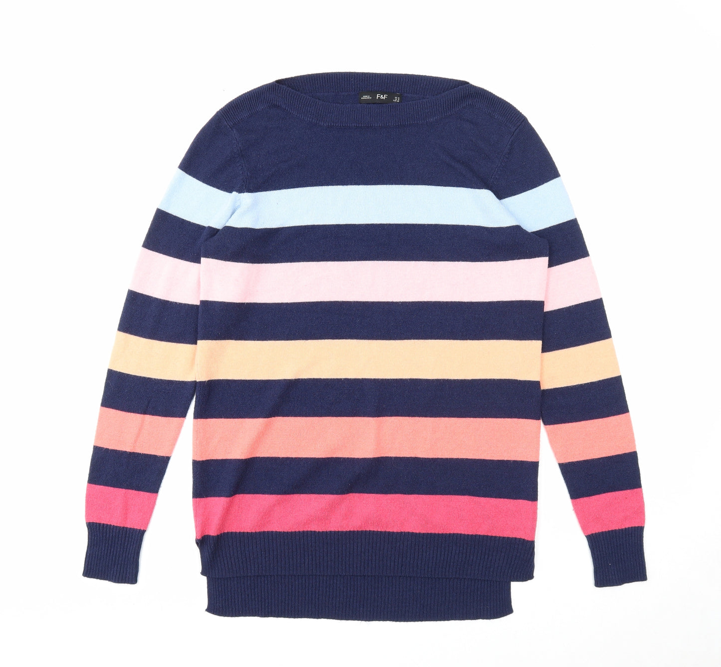 F&F Womens Blue Boat Neck Striped Acrylic Pullover Jumper Size 12