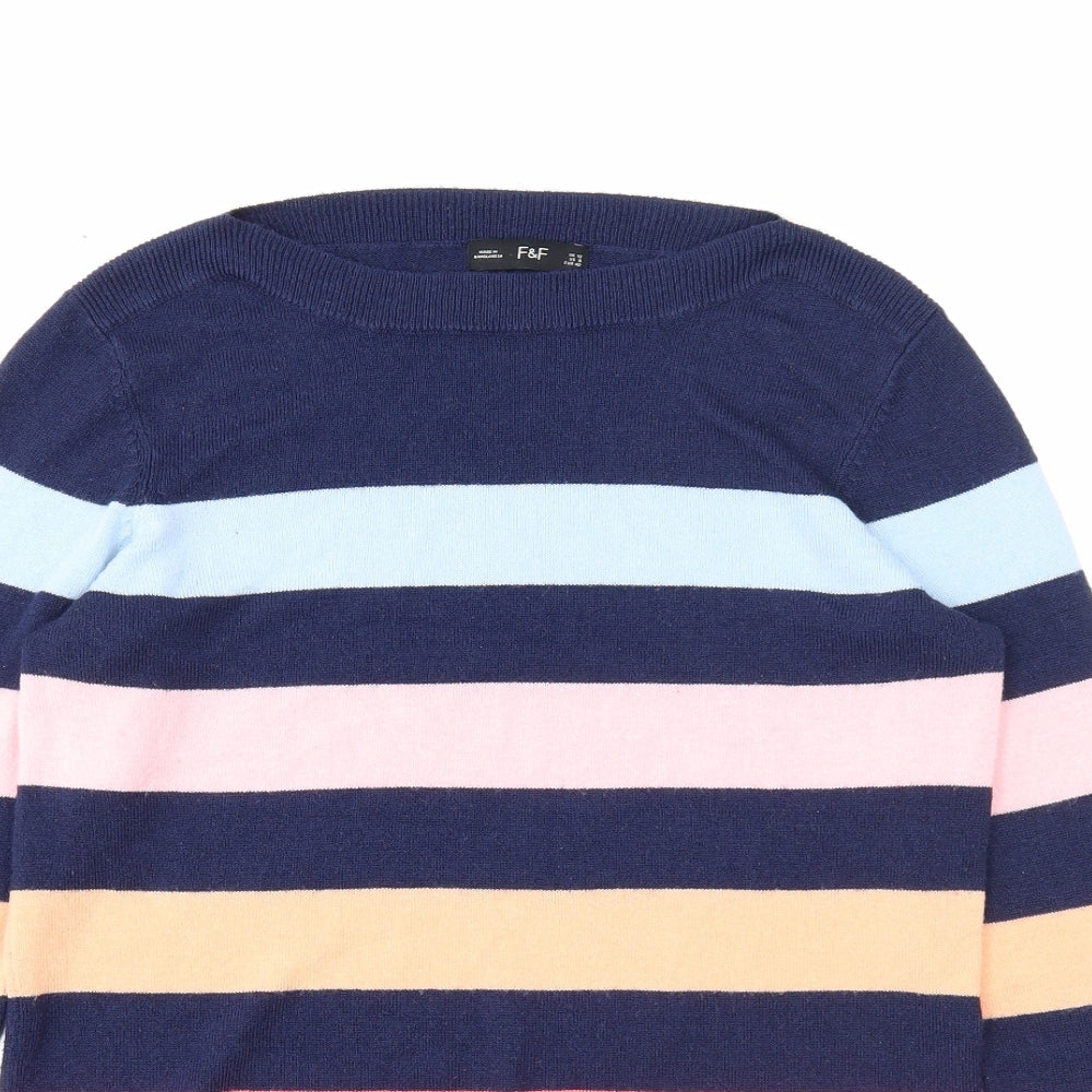 F&F Womens Blue Boat Neck Striped Acrylic Pullover Jumper Size 12