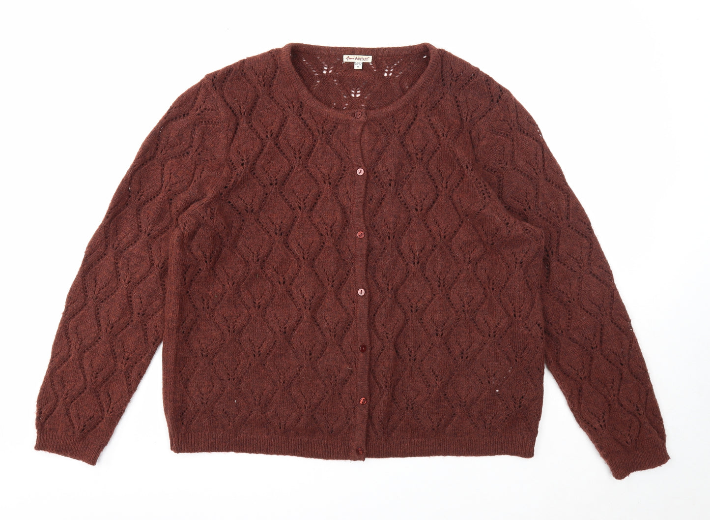 ANNE WEYBURN Womens Brown Scoop Neck Geometric Polyester Cardigan Jumper Size 22
