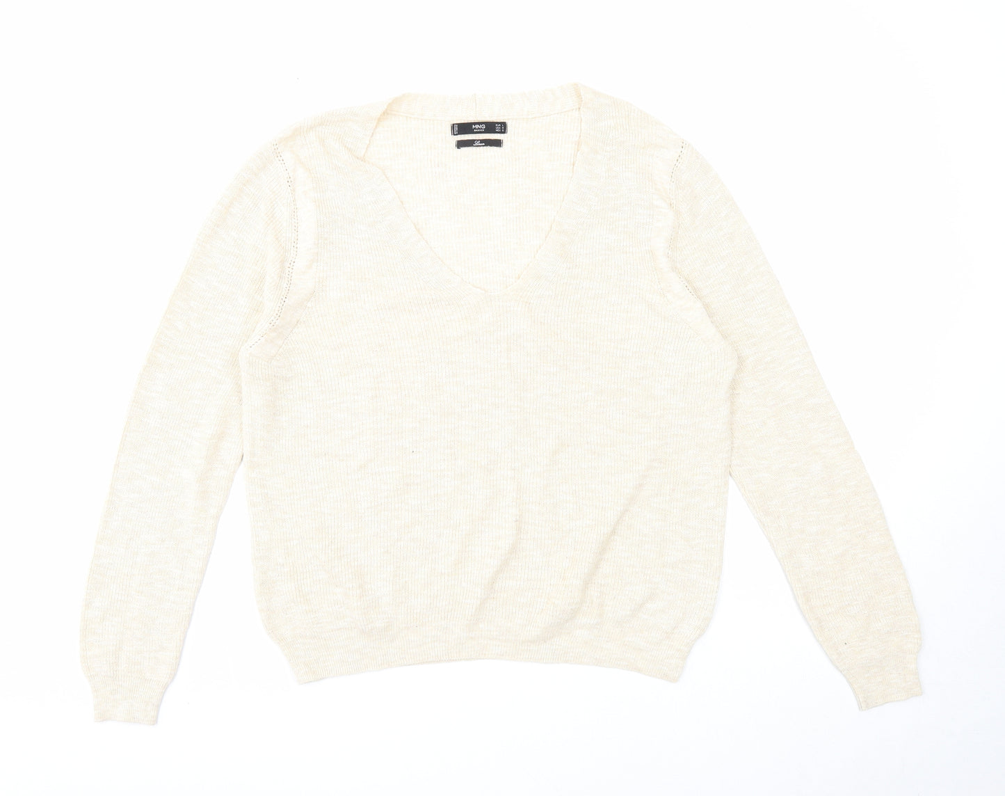 Mango Womens Beige V-Neck Acrylic Pullover Jumper Size L - Ribbed