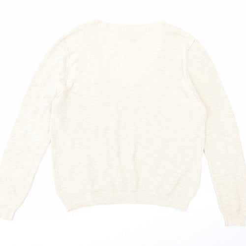 Mango Womens Beige V-Neck Acrylic Pullover Jumper Size L - Ribbed