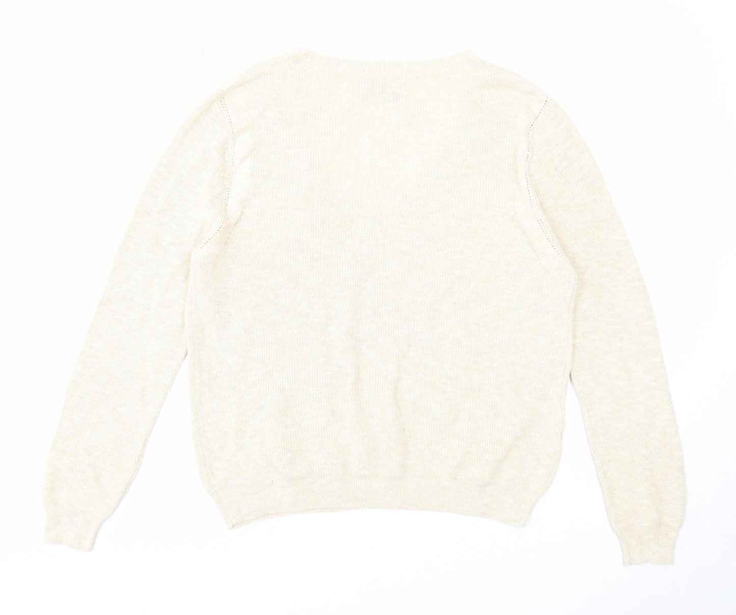 Mango Womens Beige V-Neck Acrylic Pullover Jumper Size L - Ribbed