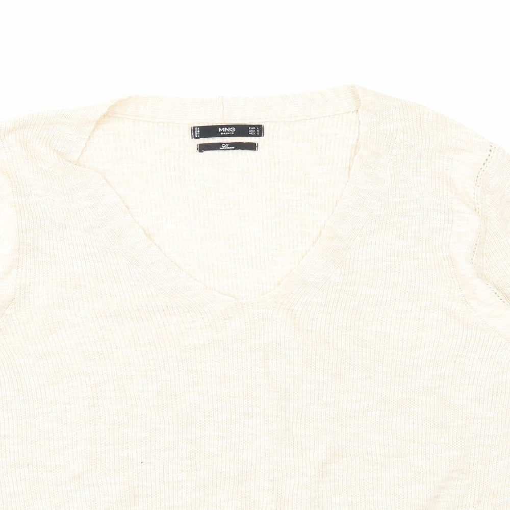 Mango Womens Beige V-Neck Acrylic Pullover Jumper Size L - Ribbed