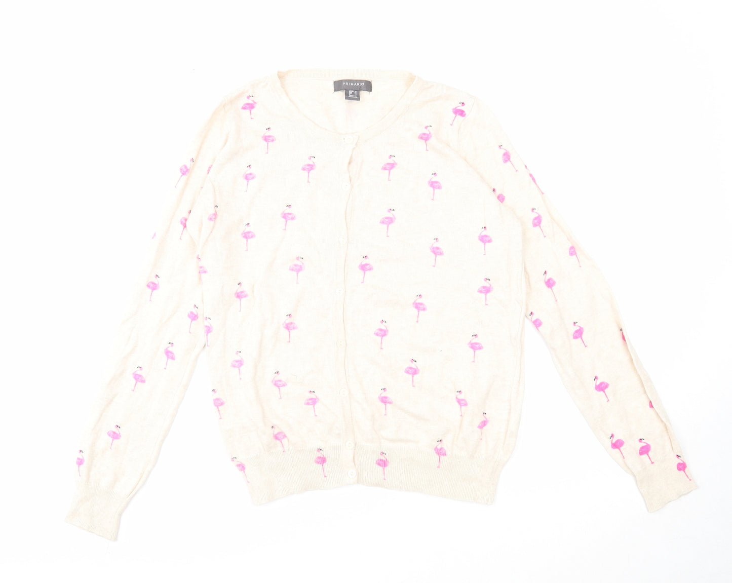 Primark Womens Beige Scoop Neck Geometric Cotton Cardigan Jumper Size 12 - Flamingo