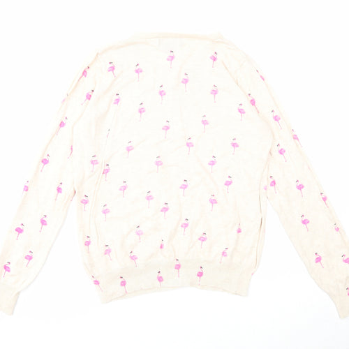 Primark Womens Beige Scoop Neck Geometric Cotton Cardigan Jumper Size 12 - Flamingo