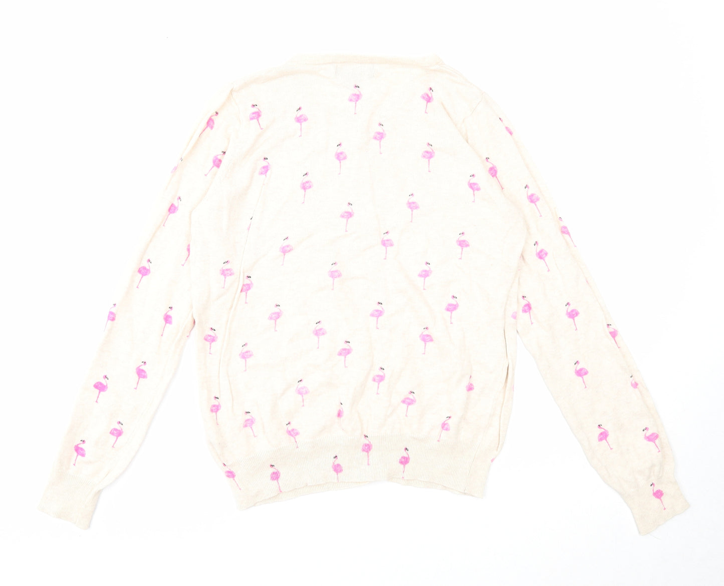 Primark Womens Beige Scoop Neck Geometric Cotton Cardigan Jumper Size 12 - Flamingo