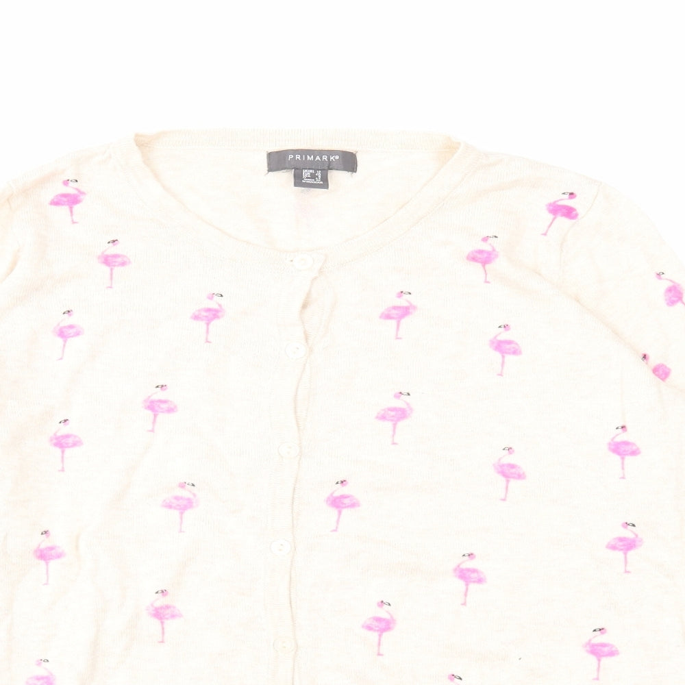 Primark Womens Beige Scoop Neck Geometric Cotton Cardigan Jumper Size 12 - Flamingo