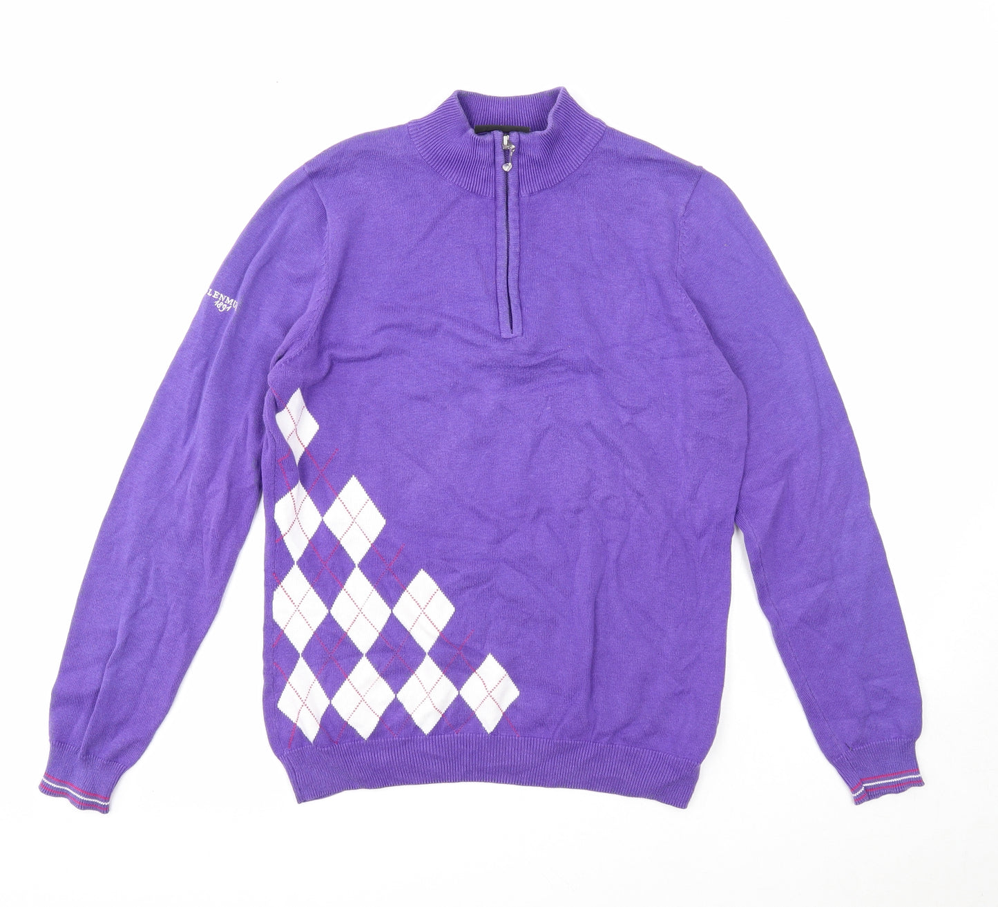Glenmuir Womens Purple Mock Neck Argyle/Diamond Cotton Pullover Jumper Size M