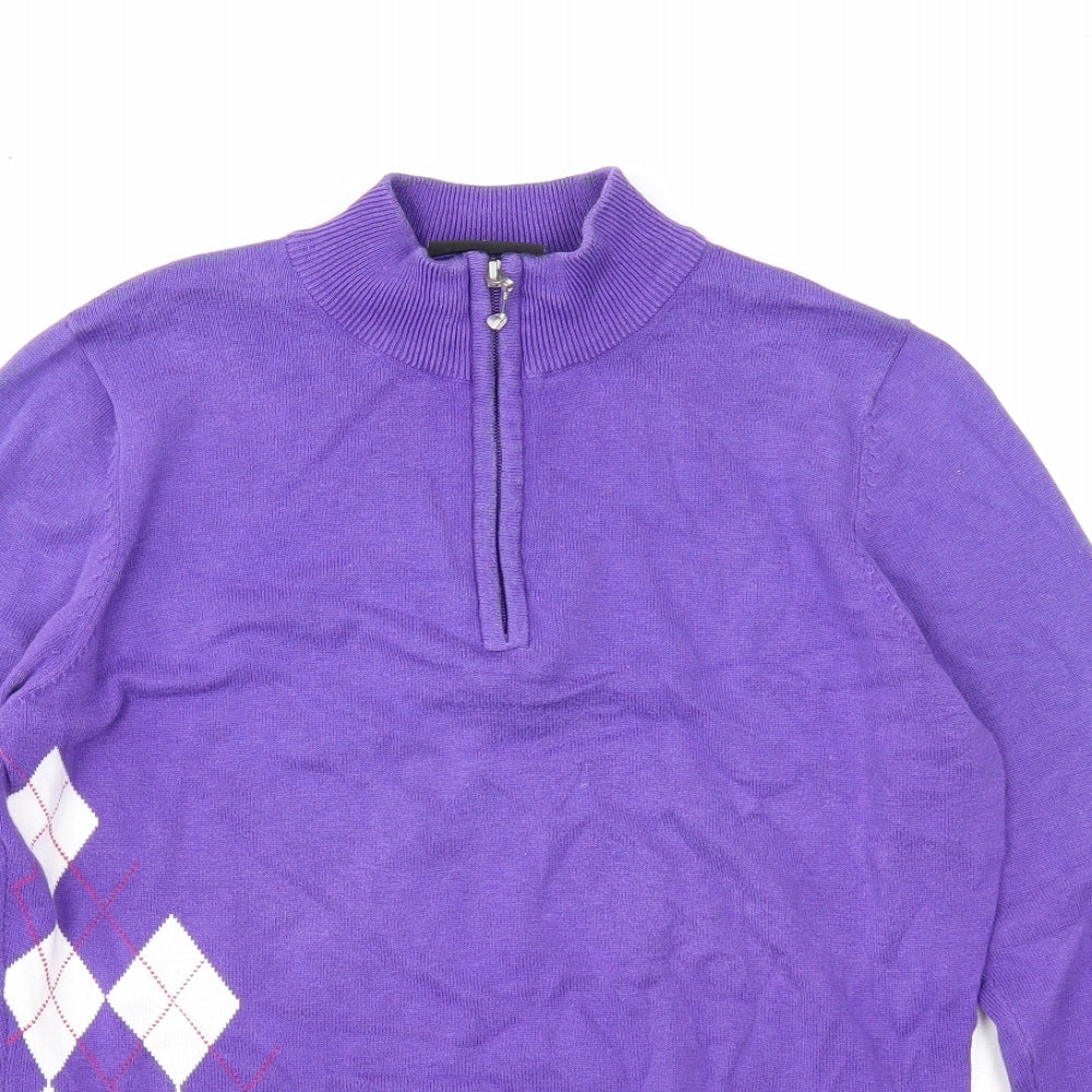 Glenmuir Womens Purple Mock Neck Argyle/Diamond Cotton Pullover Jumper Size M