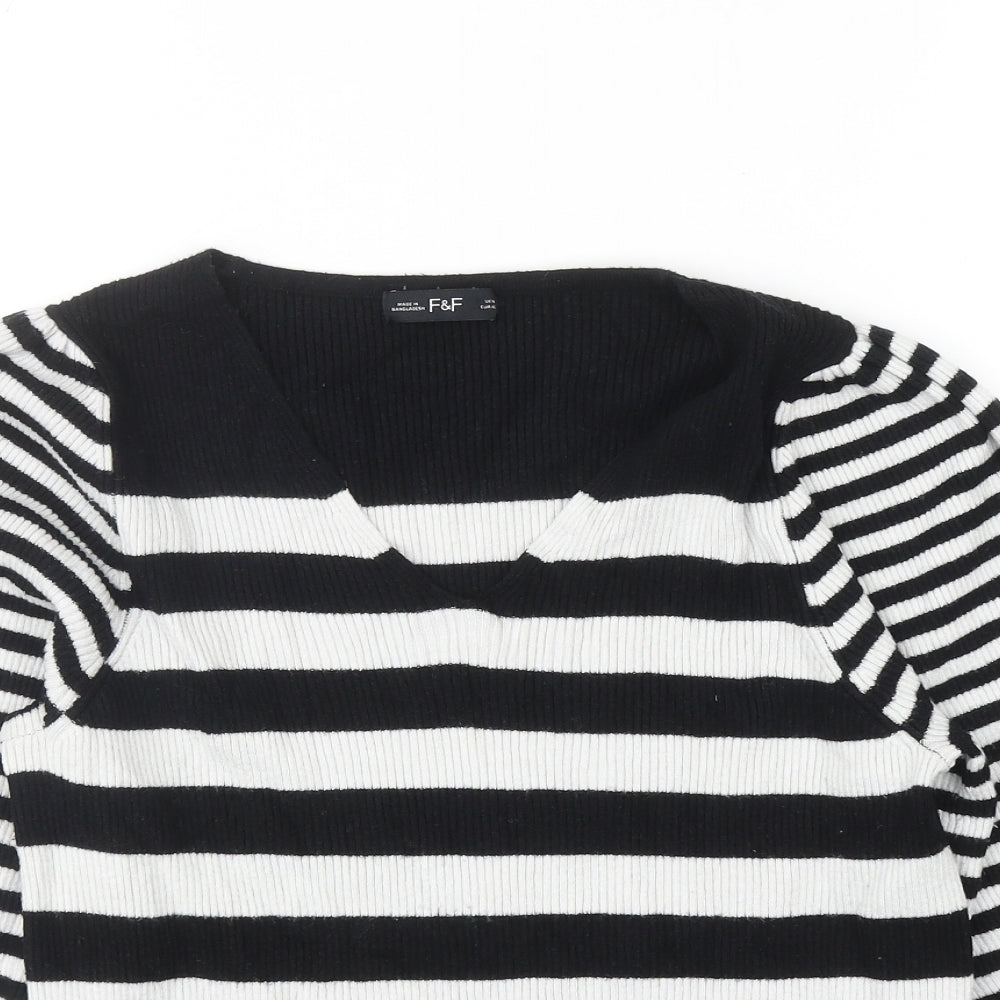 F&F Womens Black V-Neck Striped Viscose Pullover Jumper Size 18