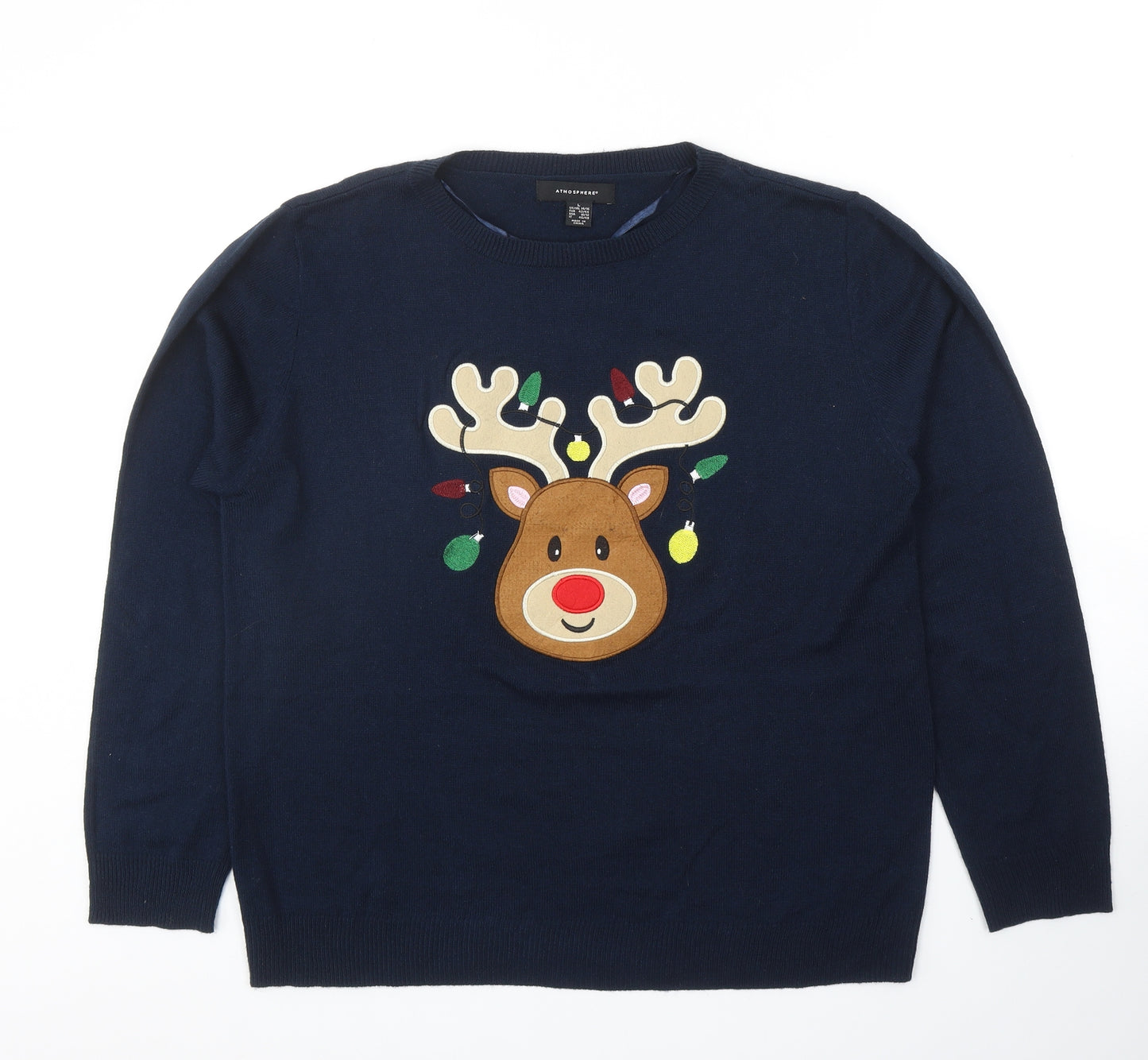 Primark Womens Blue Round Neck Acrylic Pullover Jumper Size 14 - Christmas Rudolph Size 14-16