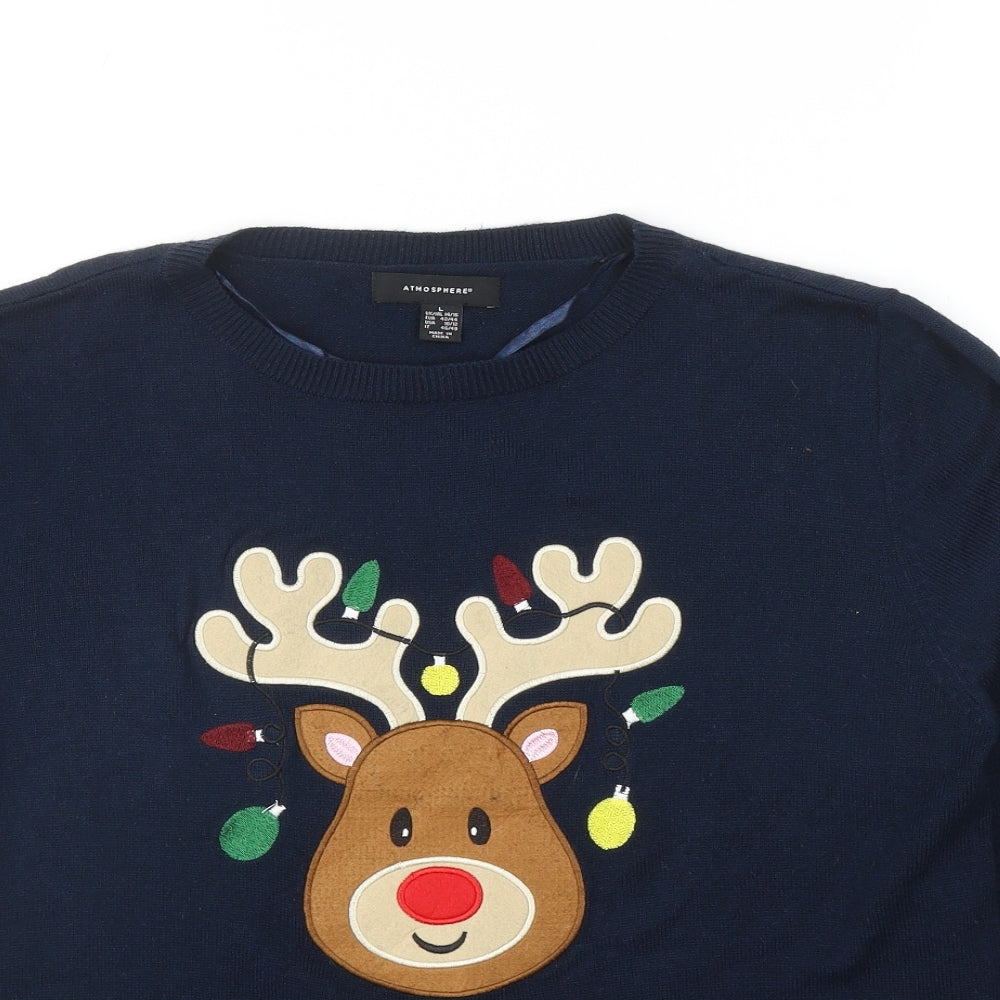 Primark Womens Blue Round Neck Acrylic Pullover Jumper Size 14 - Christmas Rudolph Size 14-16